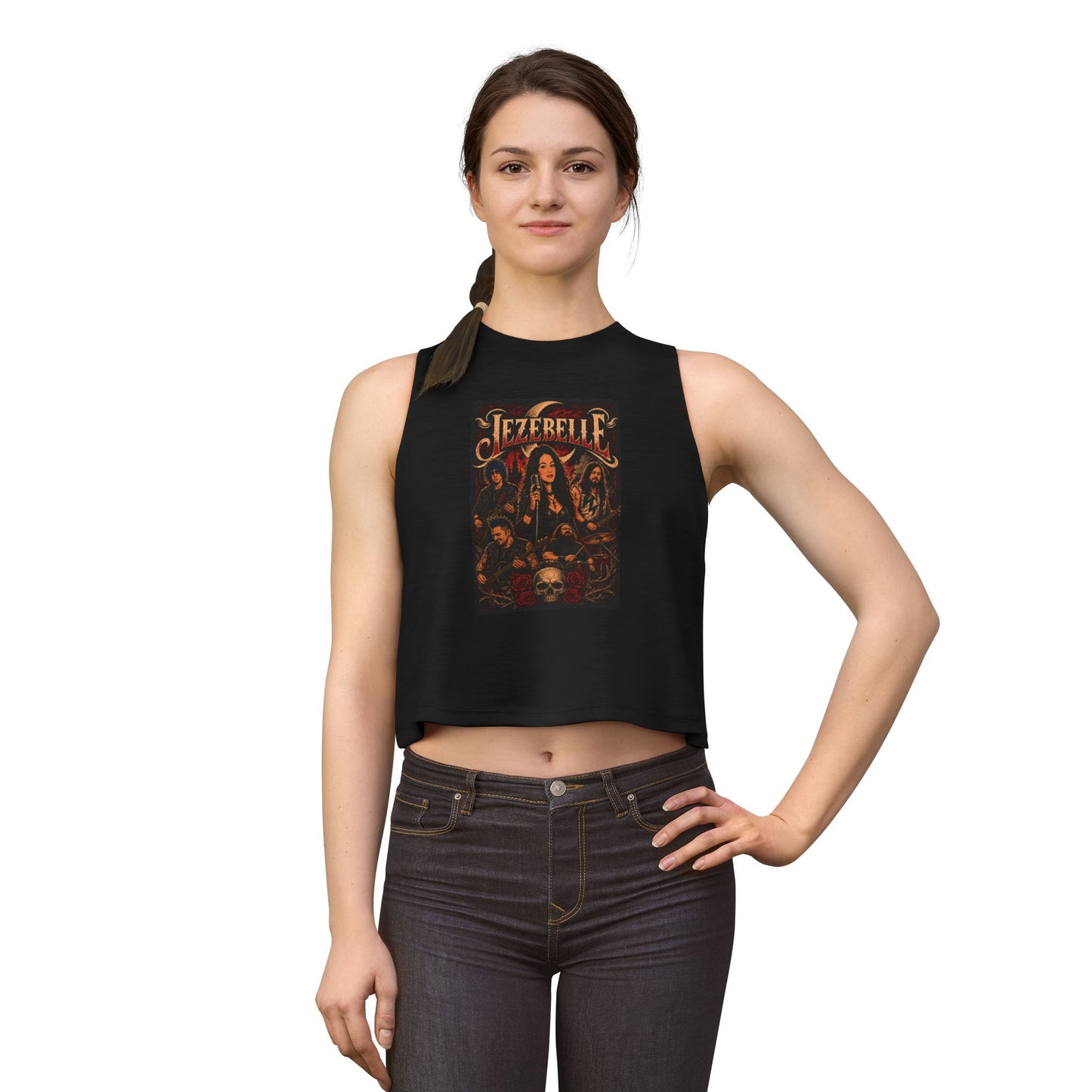 Jezebelle Rock Band Crop Top — Gothic Skull & Rose Concert Graphic